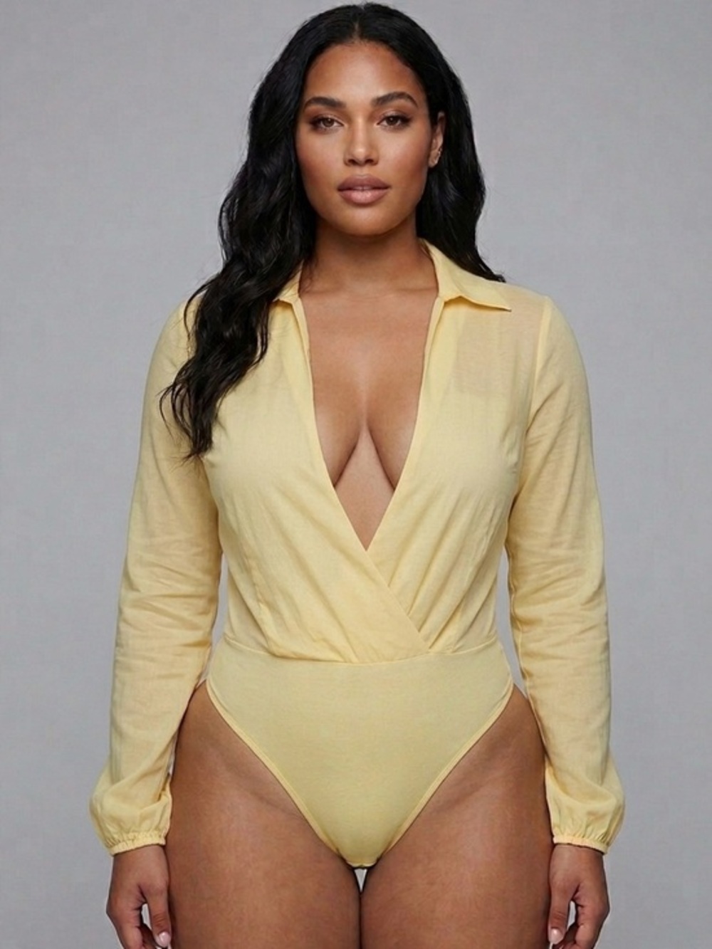 NWOT fashion nova yellow V-neck open back collared bodysuit large